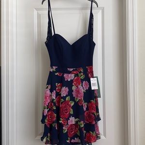 B. Smart navy flowy lace back mini dress